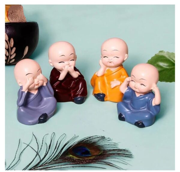 Premium Four Cute Baby Monk Showpieces – See No Evil, Hear No Evil, Speak No Evil, Think Positive Figurines | Decorative Wise Monk Statues for Home, Office & Gifting - Image 2