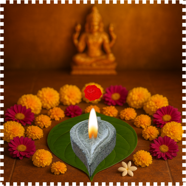 Tulsi Leaf Carved Temple Stone Diya – Traditional Oil Lamp for Home Temple Decor, Pooja Room & Festive Lighting.